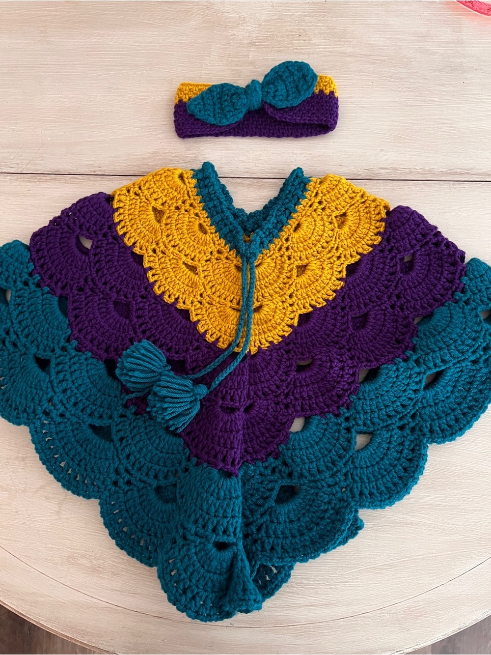 Handmade Crochet Poncho & Headband — Teal, Purple & Mustard